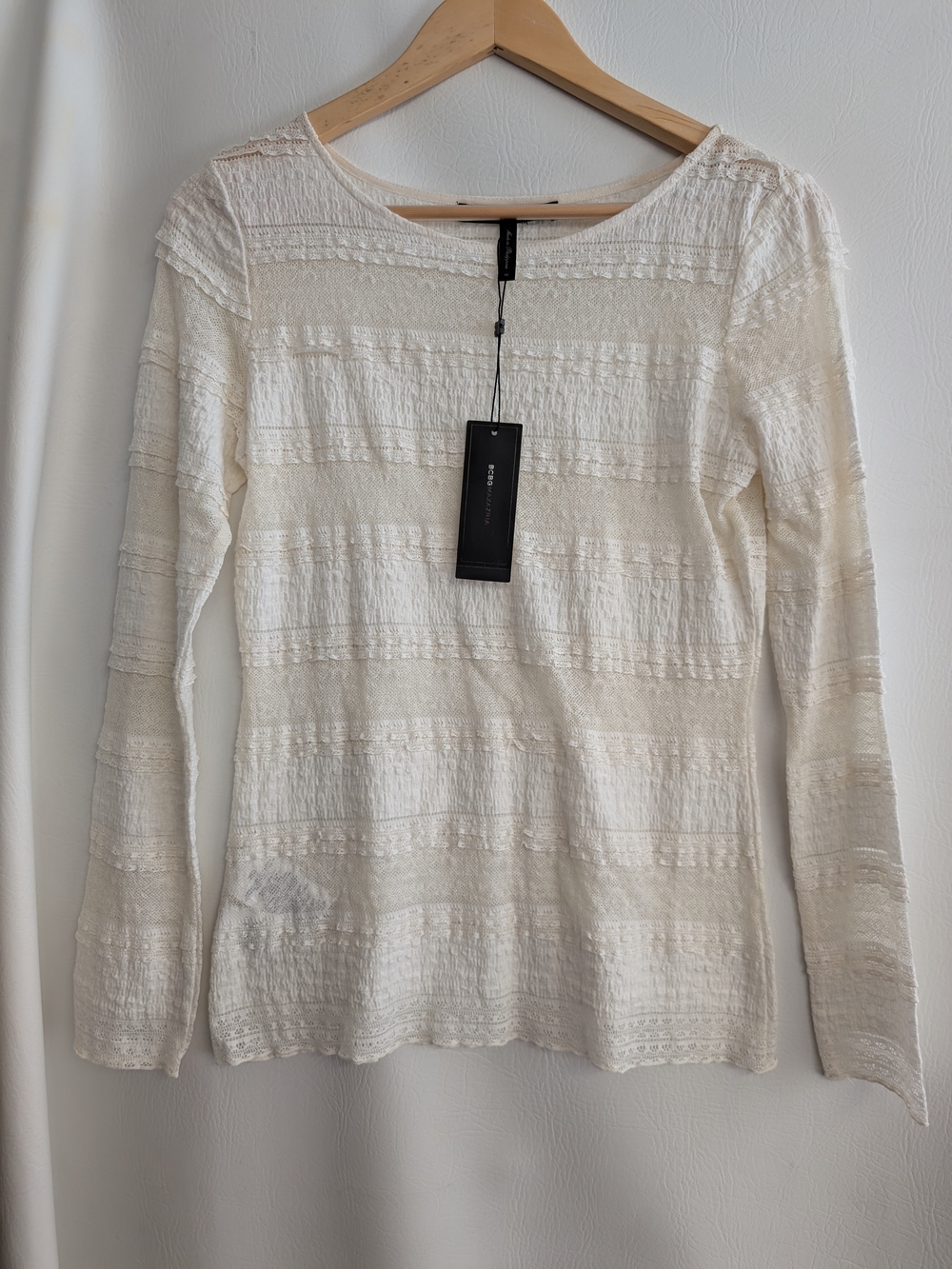 BCBGMaxAzria Cream Lace Stripes Textured Boatneck Long Sleeve Top - M